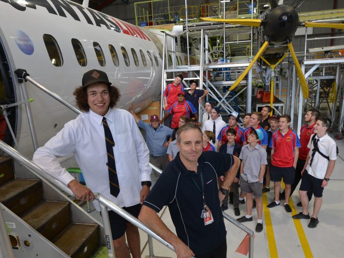 QantasLink Hanger, Oxley High School students visit. Tom Hammond (Year 11 student) and Alastair Prout (Chief Engineer) at QantasLink Hanger. in Tamworth. Photo Credit: Barry Smith, Norther Daily Leader 